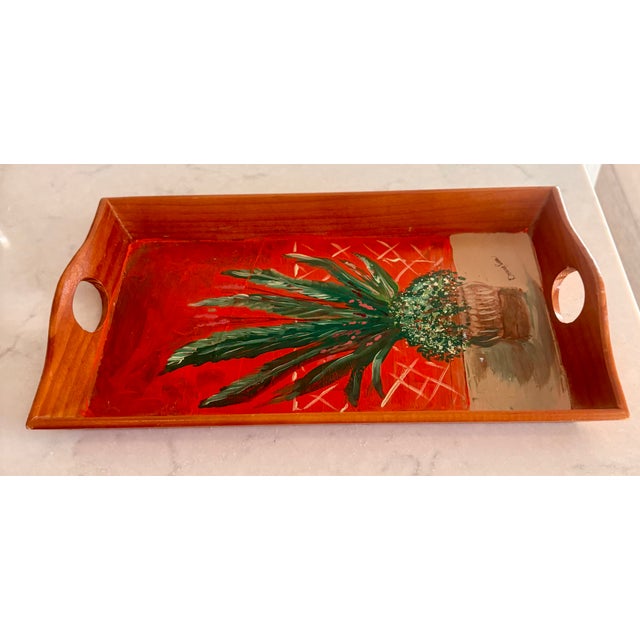 1980s Folk Art Hand Painted Wooden Tray With Inset Handles, Signed by Artist For Sale - Image 13 of 15
