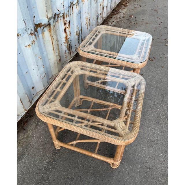 1980s A Pair of Coastal Style Rattan Side Tables in the Brown Jordan Manner. C 1980s For Sale - Image 5 of 12