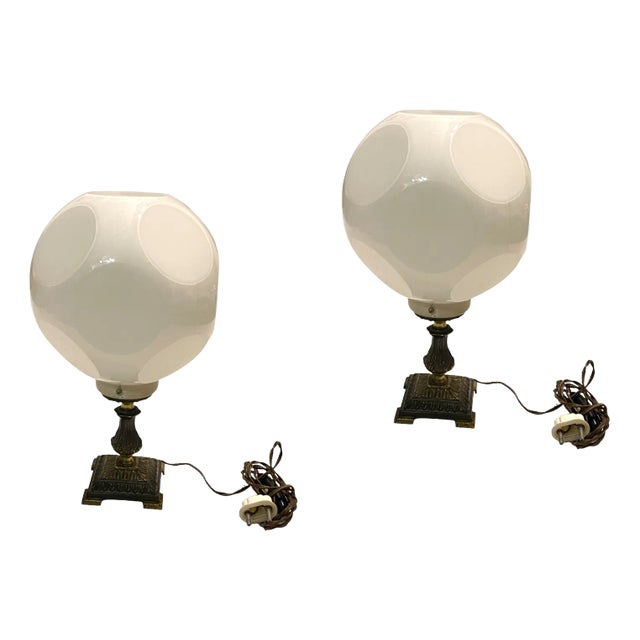 Opaline Glass Dice Shaped Table Lamps, 1960s, Set of 2 For Sale