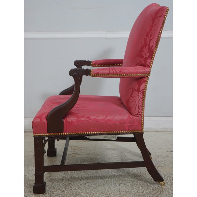 Chippendale Pair Baker Damask Upholstered Mahogany Library Chairs For Sale - Image 3 of 18