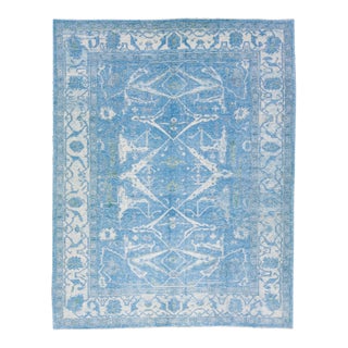 Blue Modern Turkish Oushak Handmade Wool Rug With White Geometric Motif For Sale