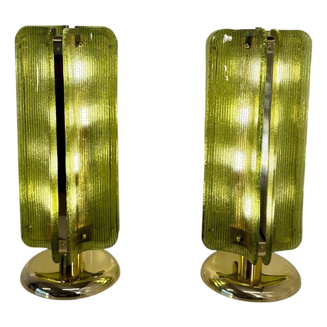 Murano Glass Table Lamps in Ribbed Green Glass and Brass, 2000s, Set of 2 For Sale