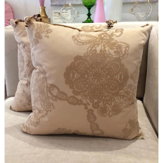 Contemporary Cream Flocked Pillows - a Pair For Sale - Image 10 of 10