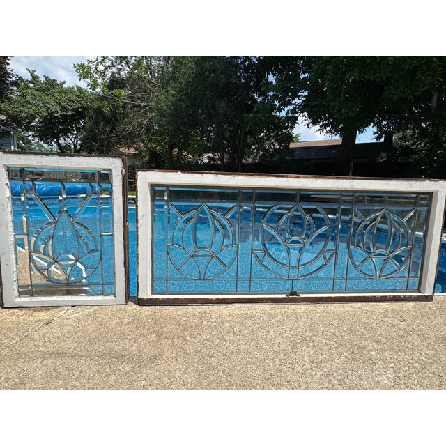 Glass 5-Piece Art Deco Beveled Leaded Glass Window Set Matching Transom & 4 Sidelights For Sale - Image 7 of 18