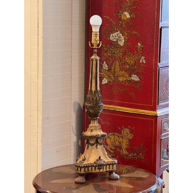 Gold 19th Century Carved Wood Altar Stick Form Table Lamp For Sale - Image 8 of 11