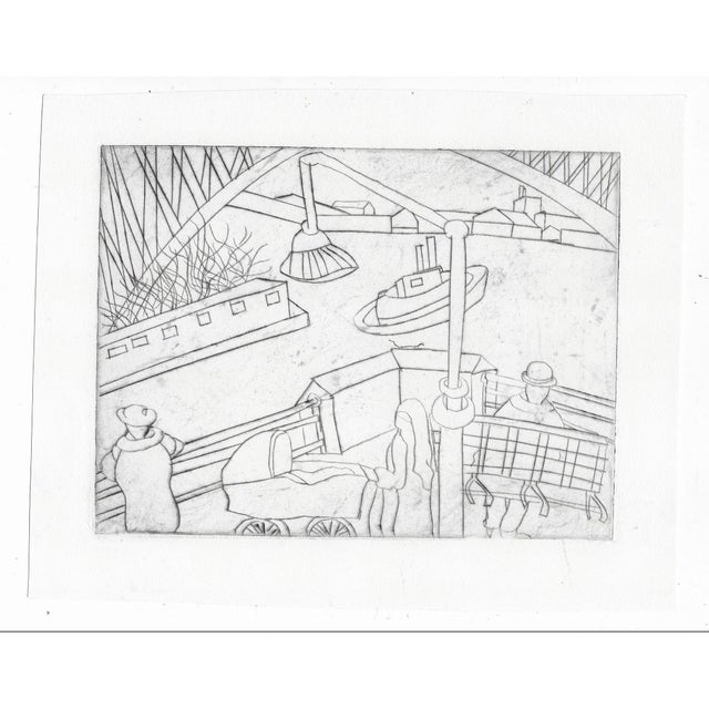 Unsigned MCM drypoint etching of a harbor and boardwalk with baby carriage and tugboat.