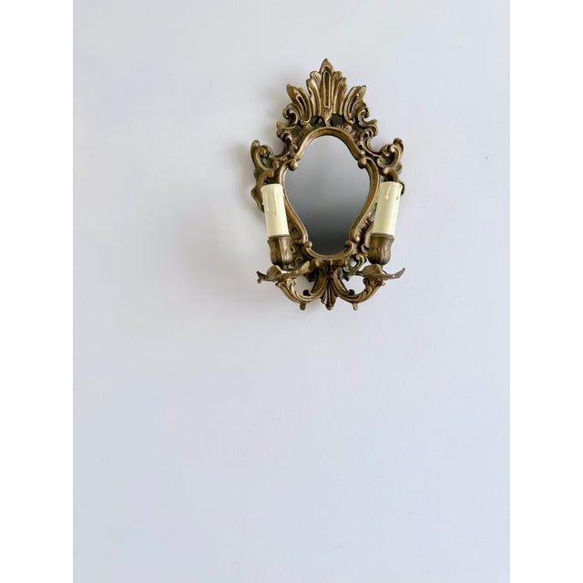 Gold Mid-Century French Rococo Revival Brass Wall Mirror Sconce, 1950s For Sale - Image 8 of 16