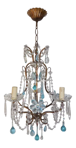 French Aqua Crystal Prisms, Drops and Flowers Chandelier, Circa 1920