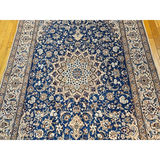 Vintage Persian Nain Area Rug, Hand-Knotted Wool & Silk, Floral Pattern, 6x9, Royal Blue & Ivory For Sale - Image 10 of 16