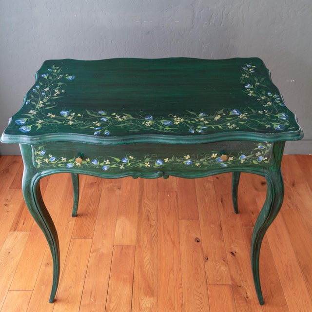 French Country Antique Louis XV Style Hand Painted Green Desk With Morning Glory Floral Motif For Sale - Image 3 of 18
