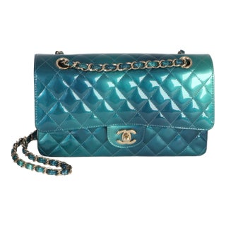 Green Blue Shaded Quilted Patent Medium Classic Double Flap Bag For Sale