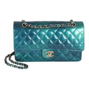 Green Blue Shaded Quilted Patent Medium Classic Double Flap Bag