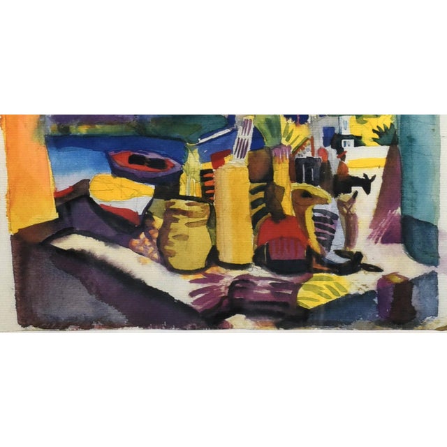 This 21" x 21" print features a colorful, somewhat abstract depiction of a harbor or coastal scene. The composition is...