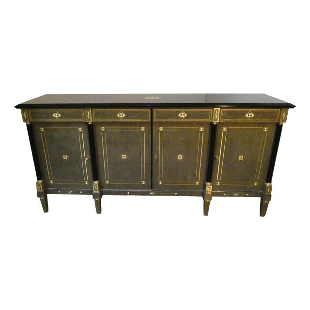 Louis XVI Style Hollywood Regency Sideboard in Burl Wood, Grey Lacquer and Brass, France, 1980s For Sale