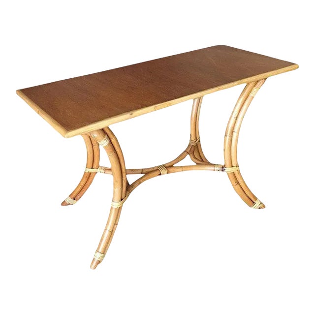 1950s Restored Rattan "Hour Glass" Sofa/Console Table With Mahogany Top For Sale