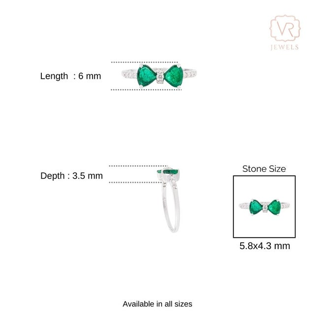 Natural Trillion Cut Emerald Diamond Bow Ring Size 7 in 14k White Gold For Sale - Image 10 of 14