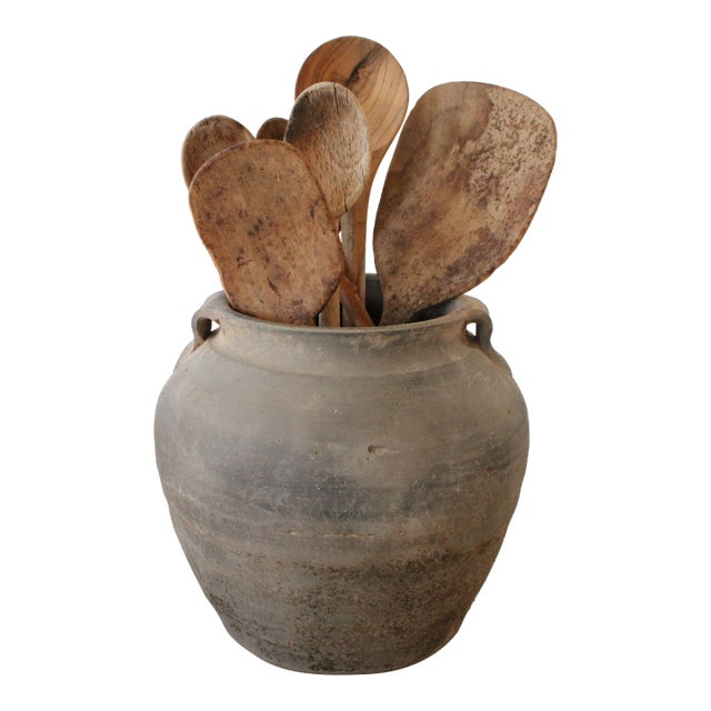 Antique Rustic Pottery Utensil Holder/Cache Pot Matt Gray For Sale