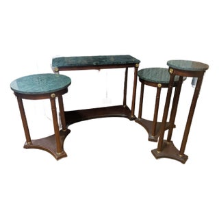 1990s Bombay Company Mahogany & Green Marble Console + Side Tables (4‑Piece Set) For Sale