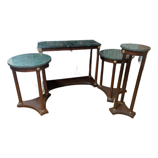 1990s Bombay Company Mahogany & Green Marble Console + Side Tables (4‑Piece Set) For Sale