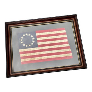 Vintage Betsy Ross Flag 13 Star Presented in Antique Walnut Frame For Sale