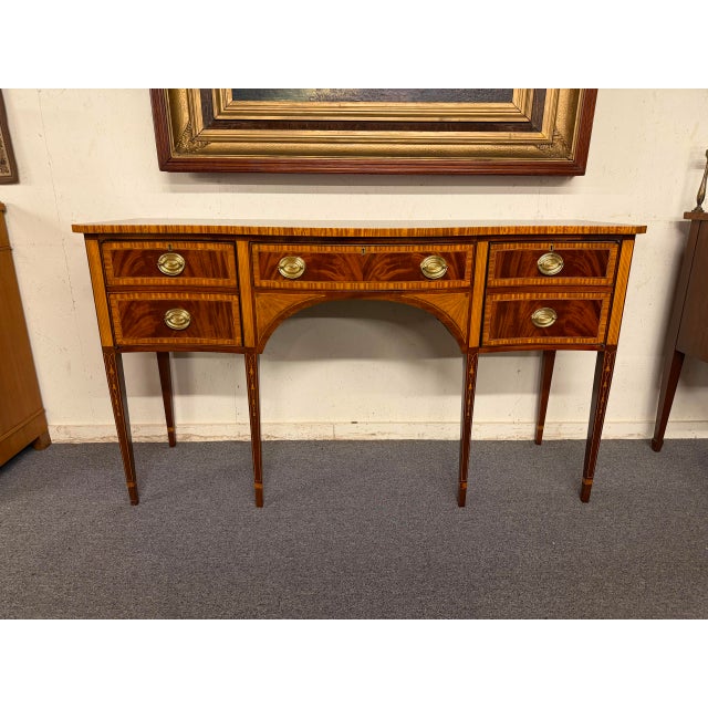 Late 20th Century Hepplewhite Style Mahogany Console Sideboard With Satinwood Inlay, Circa 1990 For Sale - Image 12 of 12
