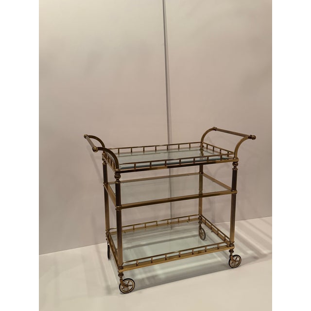 Regency Style 3 Tier Brass & Glass Mid Century Modern Bar Cart For Sale - Image 12 of 12