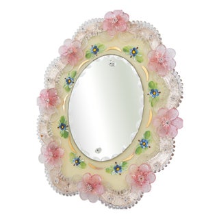 Small Murano Glass Mirror with Pink Flowers, 1950s For Sale