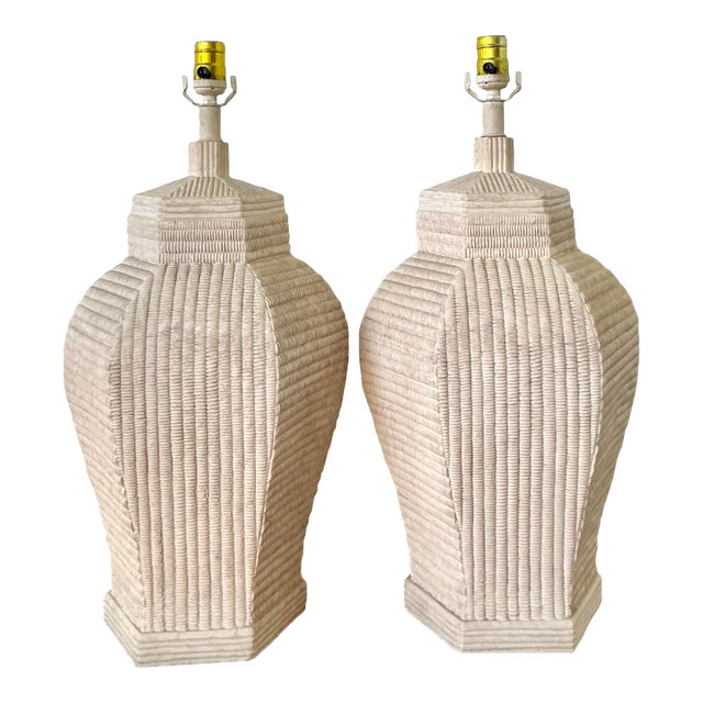 Vintage Boho Ceramic Woven Rattan Lamps - A Pair For Sale