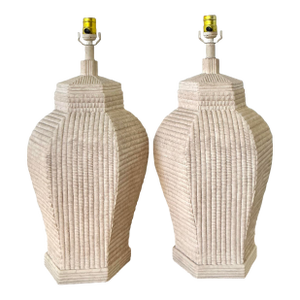 Vintage Boho Ceramic Woven Rattan Lamps - A Pair