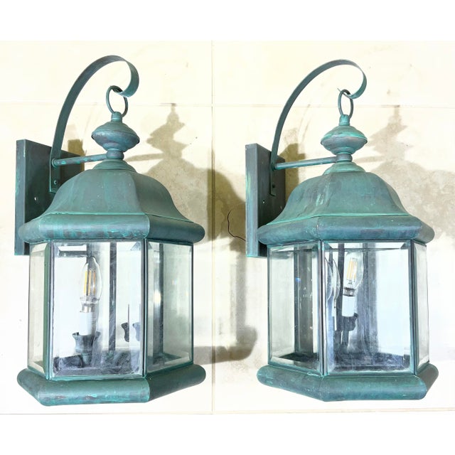 Pair of Solid Brass Outdoor Wall Lantern Sconces – Vintage Aged Verdigris For Sale - Image 15 of 15