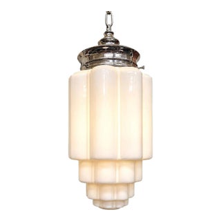 1920s Art Deco Skyscraper Milk Glass Pendant Light, Large Hardwired Ceiling Fixture New Wiring For Sale