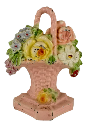 1930s Hubley Cast Iron Pink Basket of Roses & Phlox Floral Doorstop