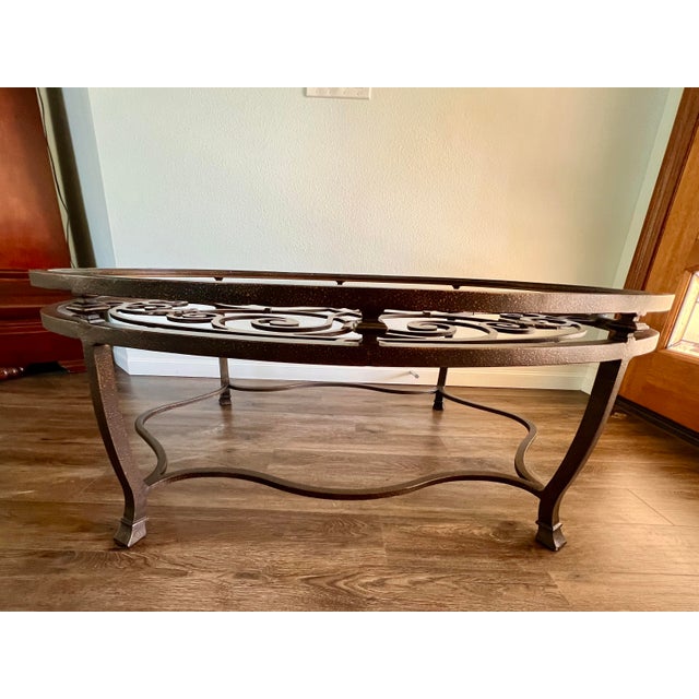 Mediterranean Iron & Glass 34” X 48” Oval Cocktail Coffee Accent Table For Sale - Image 3 of 7
