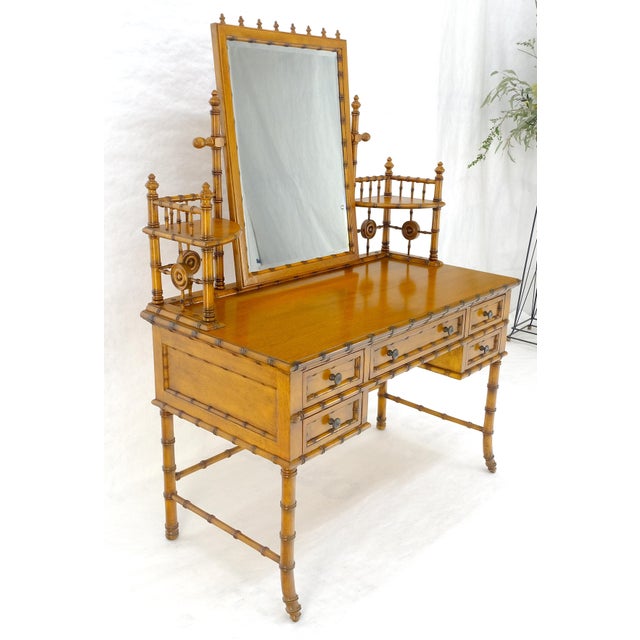 Fine Faux Burnt Bamboo Vanity Dressing 5 Drawers Table Tilting Mirror MINT For Sale - Image 16 of 18