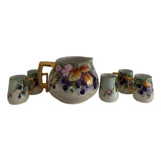 6 Piece Antique Limoges Hand Painted by McCue BlackBerry Pitcher and Cups For Sale