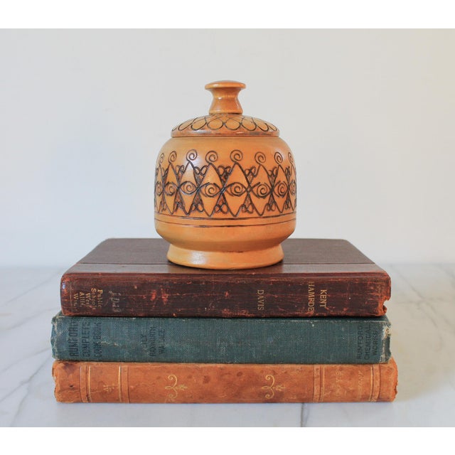 Vintage handmade pyrography lidded wood trinket box. Dated 1978. Minor age wear.