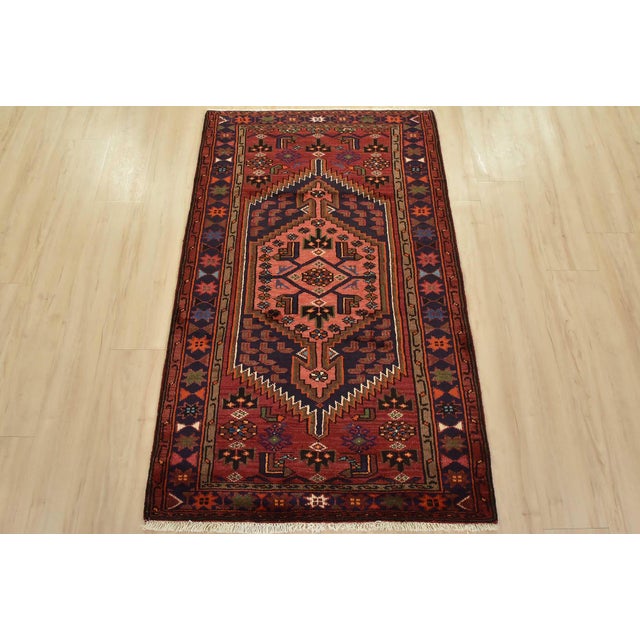 Tribal Hamedan Rug 3’3” X 5’3” Red Wool Vintage Tribal Hand-Knotted Carpet For Sale - Image 3 of 12