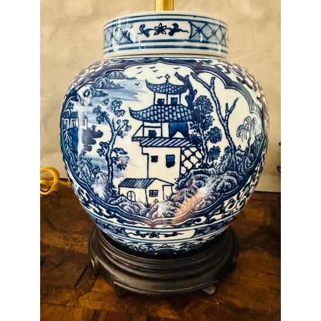 Vintage Chinoiserie Blue and White Ginger Jar Pagoda Lamps - A Pair For Sale - Image 10 of 12