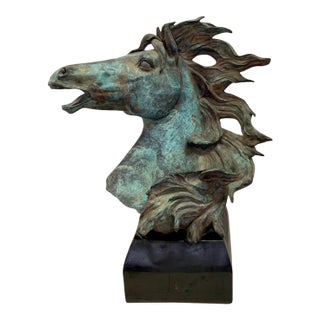 Original Bronze Mustang Bust Sculpture With Verdigris Finish For Sale