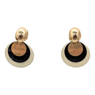 Vintage 1970s Signed Napier Off White, Black & Goldtone Disc Pendant Clip Earrings-2 Pieces For Sale