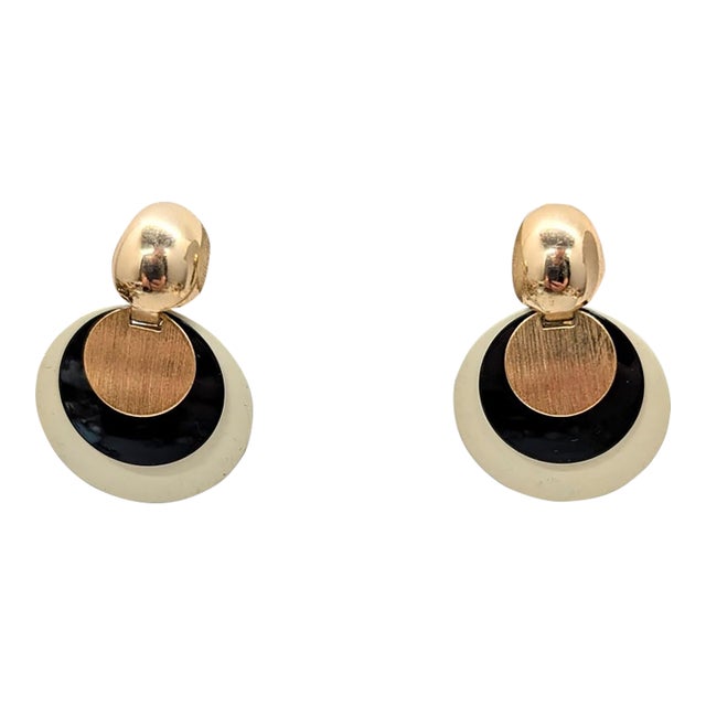 Vintage 1970s Signed Napier Off White, Black & Goldtone Disc Pendant Clip Earrings-2 Pieces For Sale