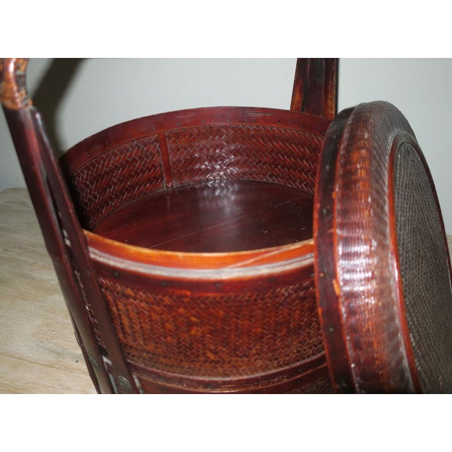 Antique Basket in Wood and Rattan with Three Sections, 1900 For Sale - Image 11 of 12