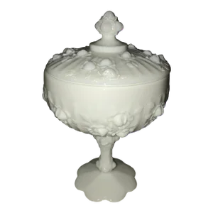 1960s Fenton Milk Glass Pedestal Rose Design Candy Dish With Lid