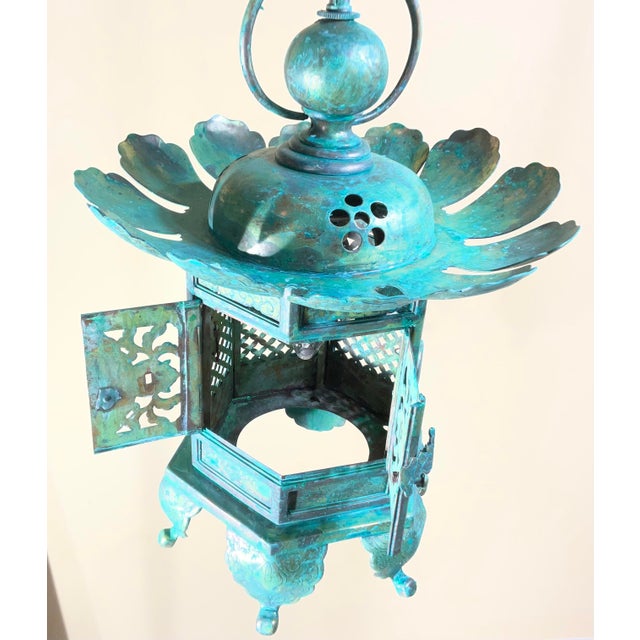 Vintage Japanese Patinated Brass Pagoda Temple Lantern / Pendent -17”x 12” For Sale - Image 17 of 17
