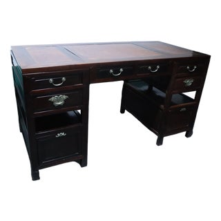 Unique Antique Ming Style Chinese Dark Elm Desk With Brass Hardware Burl Wood & Foot Rest For Sale