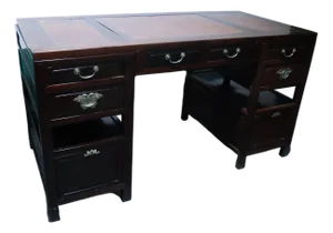 Unique Antique Ming Style Chinese Dark Elm Desk With Brass Hardware Burl Wood & Foot Rest