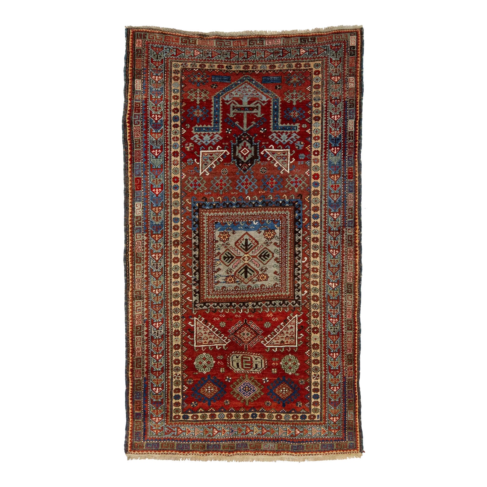 Red Vintage Caucasian Kazak Wool Rug With Geometric Pattern | Chairish
