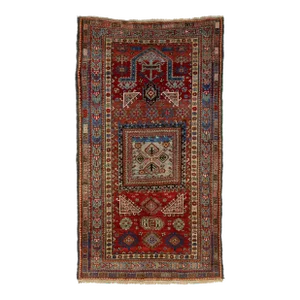 Red Vintage Caucasian Kazak Wool Rug With Geometric Pattern