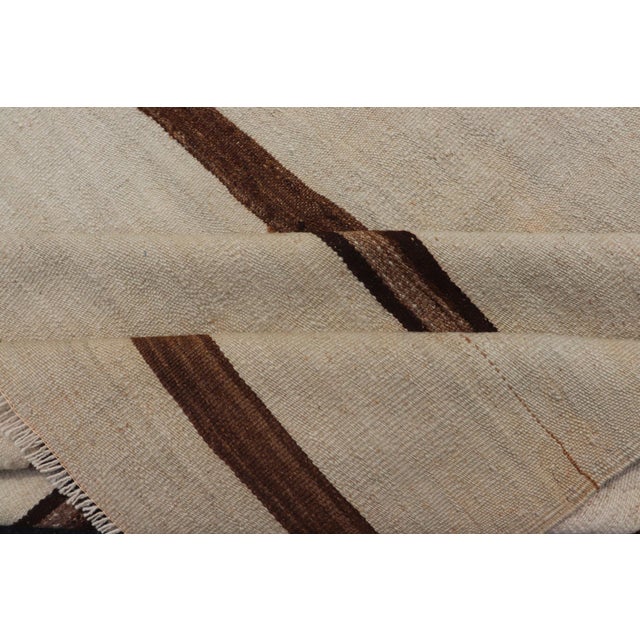 Ivory Ground Vintage Turkish Kilim Rug With Brown Stripes Wool Design For Sale - Image 10 of 11