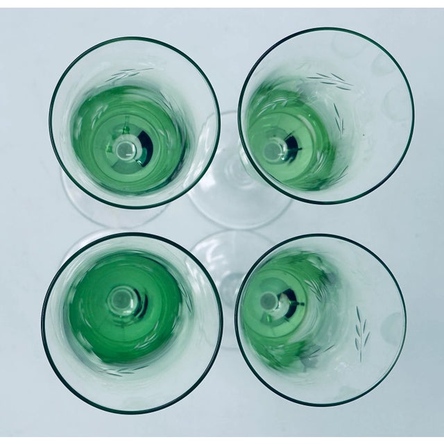 Vintage Green Colored Glass Champagne Flutes With Etched Floral Leaves a Set of 4 For Sale - Image 10 of 11